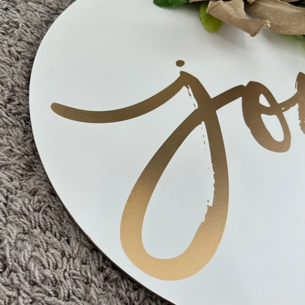 Round Wood Wall Hanging Decor White Gold Joy Script Rustic Burlap Bow Eucalyptus